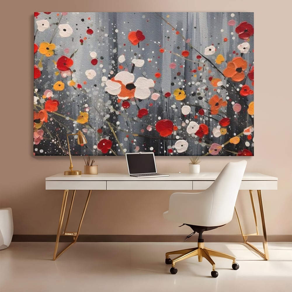 Tablou canvas cu pictura abstracta cu flori si stropi, fara rama, pe sasiu de lemn, pe perete intr-un birou
